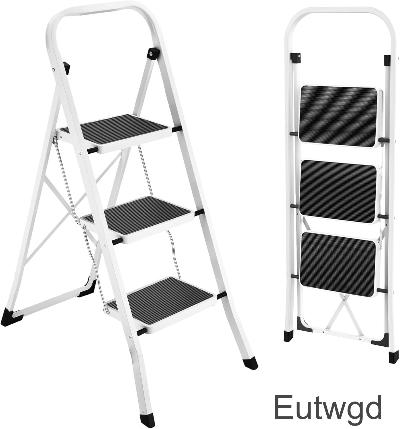 Eutwgd Step Ladder Folding Step Stool for Adults | 3 Step Ladder with Anti-Slip Pedal, 330 lbs Capacity for Kitchen, Home, White